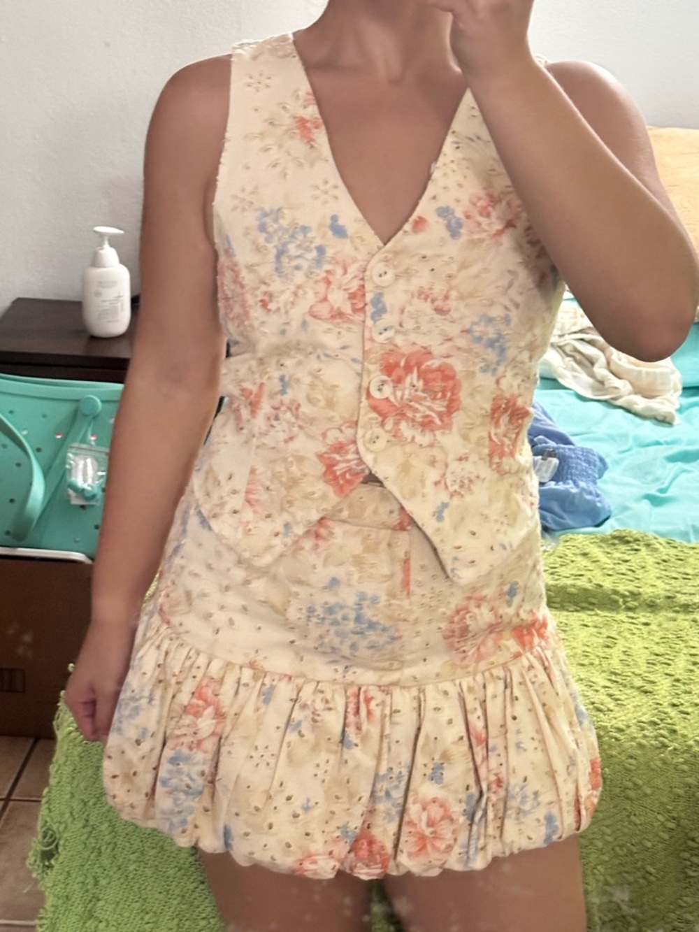 Embroidered Vest and Bubbled Skirt - Cream, Red, Blue